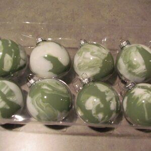 8 Marbled Glass Christmas Ornaments olive green and white Handmade